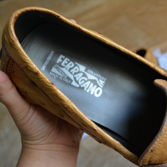Salvatore Ferragamo Tan Brown Ostrich Leather Loafers, Limited Edition, Size 13 main image 4